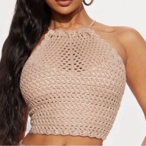 Fashion Nova Beige Crochet Halter Crop Top